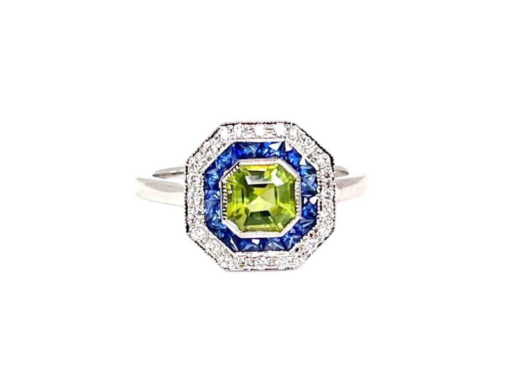 Antieke en Vintage Ringen - Art Deco stijl ring witgoud peridot saffier diamantjes