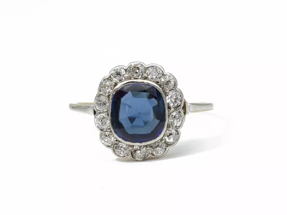 Antieke en Vintage Ringen - Geel-witgouden ring saffier briljant...