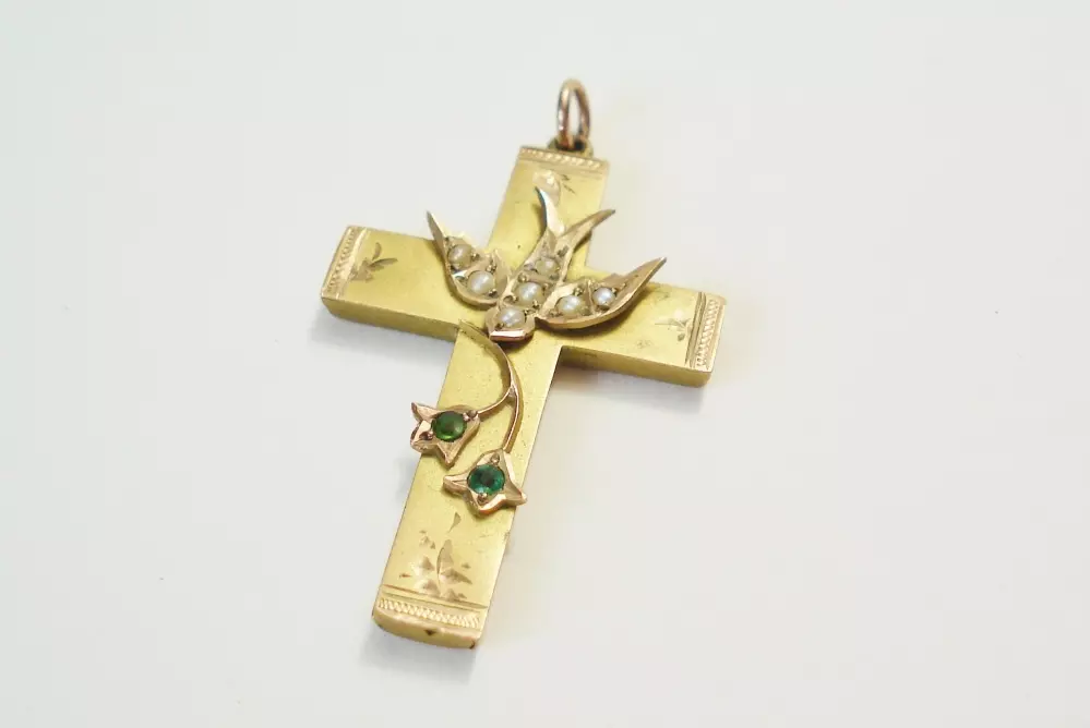Antieke en Vintage Broches en Hangers - gouden kruisje met zwaluw antiek