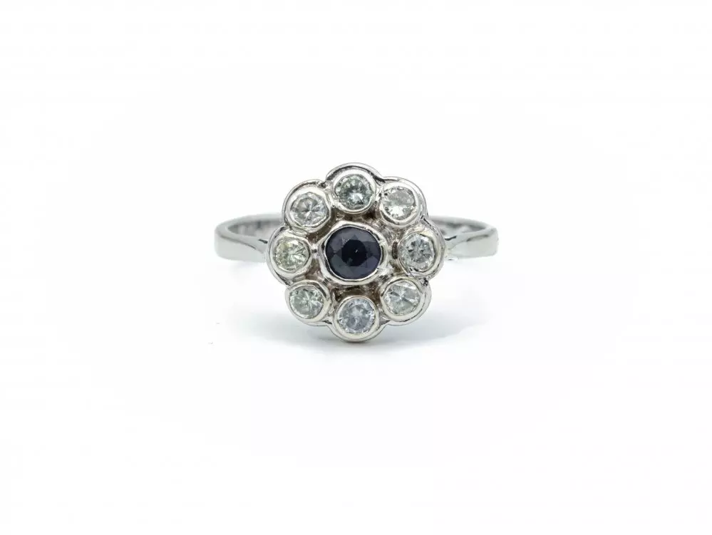 Antieke en Vintage Ringen - rozetring diamant saffier witgoud