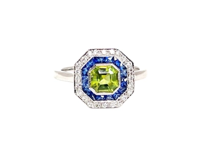 Art Deco stijl ring witgoud peridot saffier diamantjes